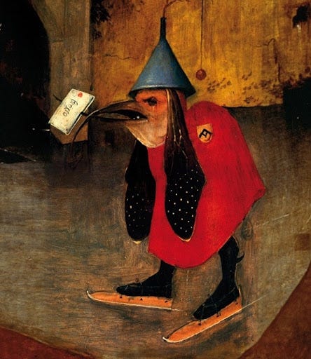 Hieronymus Bosch illustration of a devil with ice skates, a bird head and a funnel for a hat