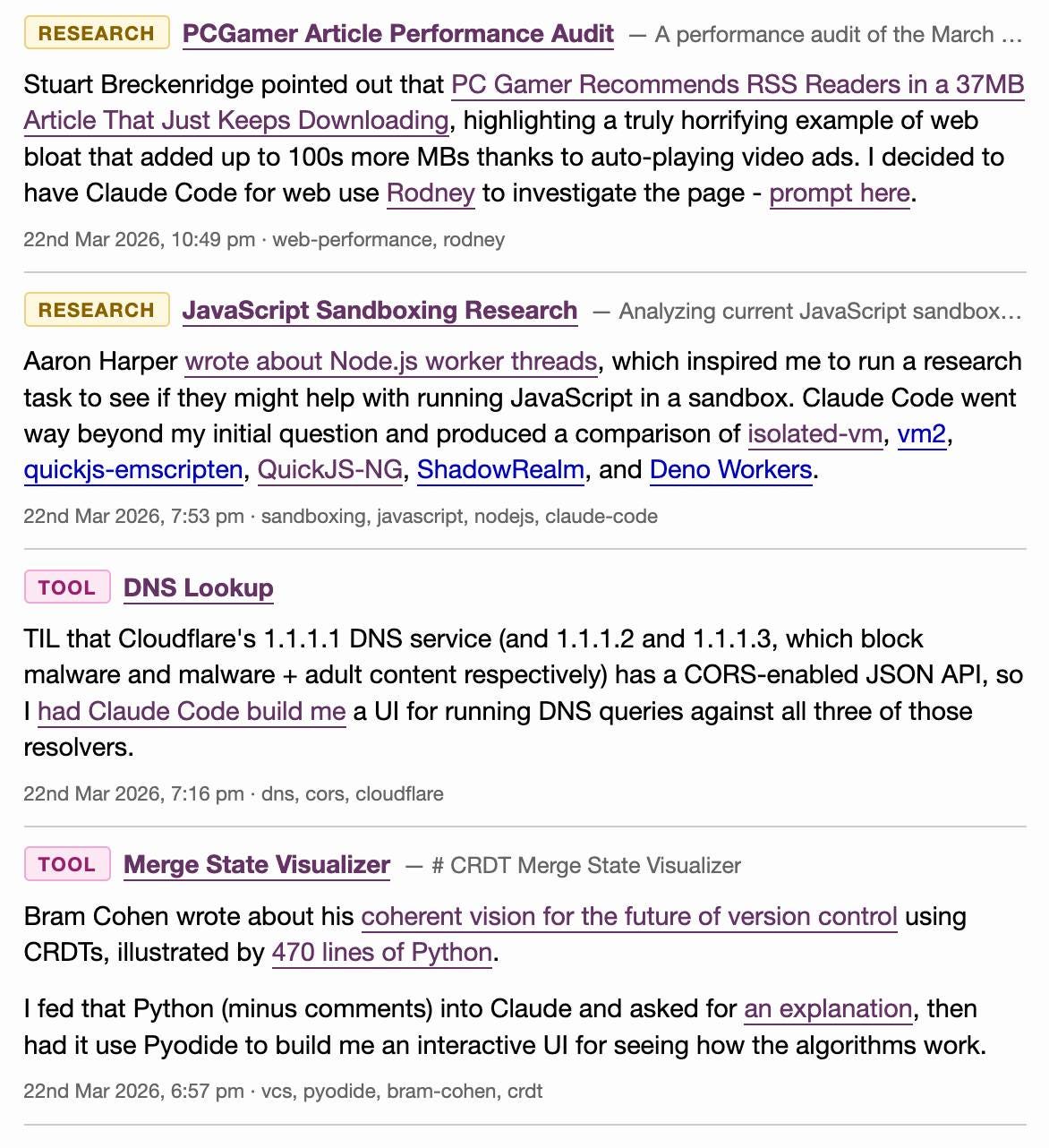 Screenshot of part of my blog homepage showing four "beats" entries from March 22, 2026, each tagged as RESEARCH or TOOL, with titles like "PCGamer Article Performance Audit" and "DNS Lookup", now annotated with short descriptive notes explaining the context behind each linked item. Screenshot of part of my blog homepage showing four "beats" entries from March 22, 2026, each tagged as RESEARCH or TOOL, with titles like "PCGamer Article Performance Audit" and "DNS Lookup", now annotated with short descriptive notes explaining the context behind each linked item.