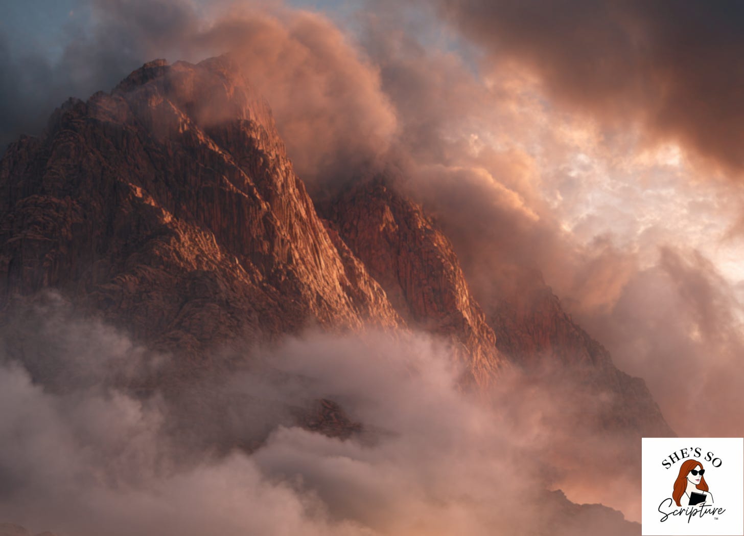 Mount Sinai covered in cloud and fire as Moses and the Israelites stand below, capturing the moment of divine revelation and awe at God’s presence.