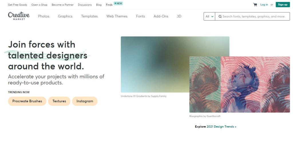 Screenshot of Creative Market home / landing page 