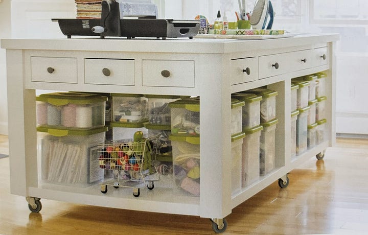 Two images of art room storage with organized bins and white drawers hiding supplies.