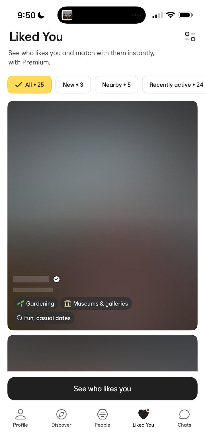 A collage of screenshots from Tinder, Bumble, Hinge, and BLK dating apps showing the "likes sent to you" section. The interface displays a grid of profile cards with blurred user photos, names like Gauri and Stephanie, and status labels such as "Recently Active" or "Liked your photo."