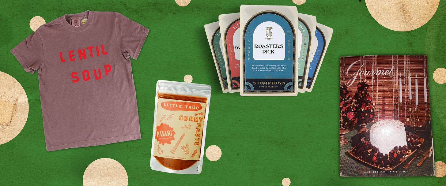 four gifts on a green background.