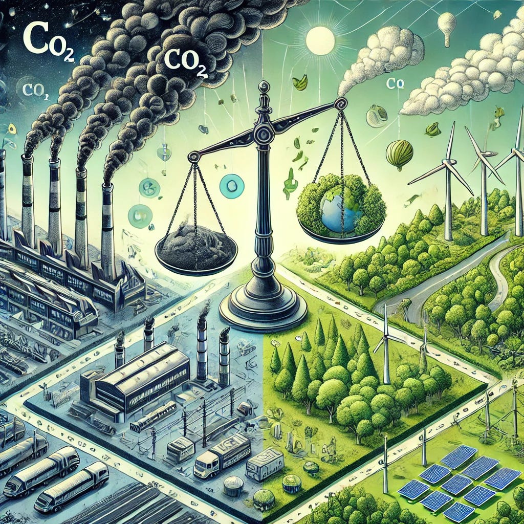 An illustration featuring five interconnected concepts: 1) Carbon Dioxide Removal (a futuristic machine capturing CO2 from the air, with arrows showing the gas being sequestered underground), 2) Greenhouse Emissions (a cityscape with smokestacks emitting CO2, visualized as dark clouds rising into the atmosphere), 3) Emissions Reductions (a scale balancing between a factory emitting smoke and a lush forest absorbing carbon, with the forest outweighing the factory), 4) Renewable Energy (a field of solar panels and wind turbines generating clean energy), 5) Infrastructure (a network of roads, bridges, and power lines integrating all the other elements, showing how they connect to form a sustainable environment).