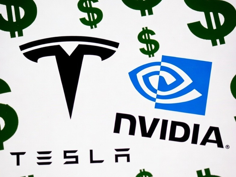 A photograph of Tesla and Nvidia logos with dollar signs, symbolizing financial gain. A photograph of Tesla and Nvidia logos with dollar signs, symbolizing financial gain.