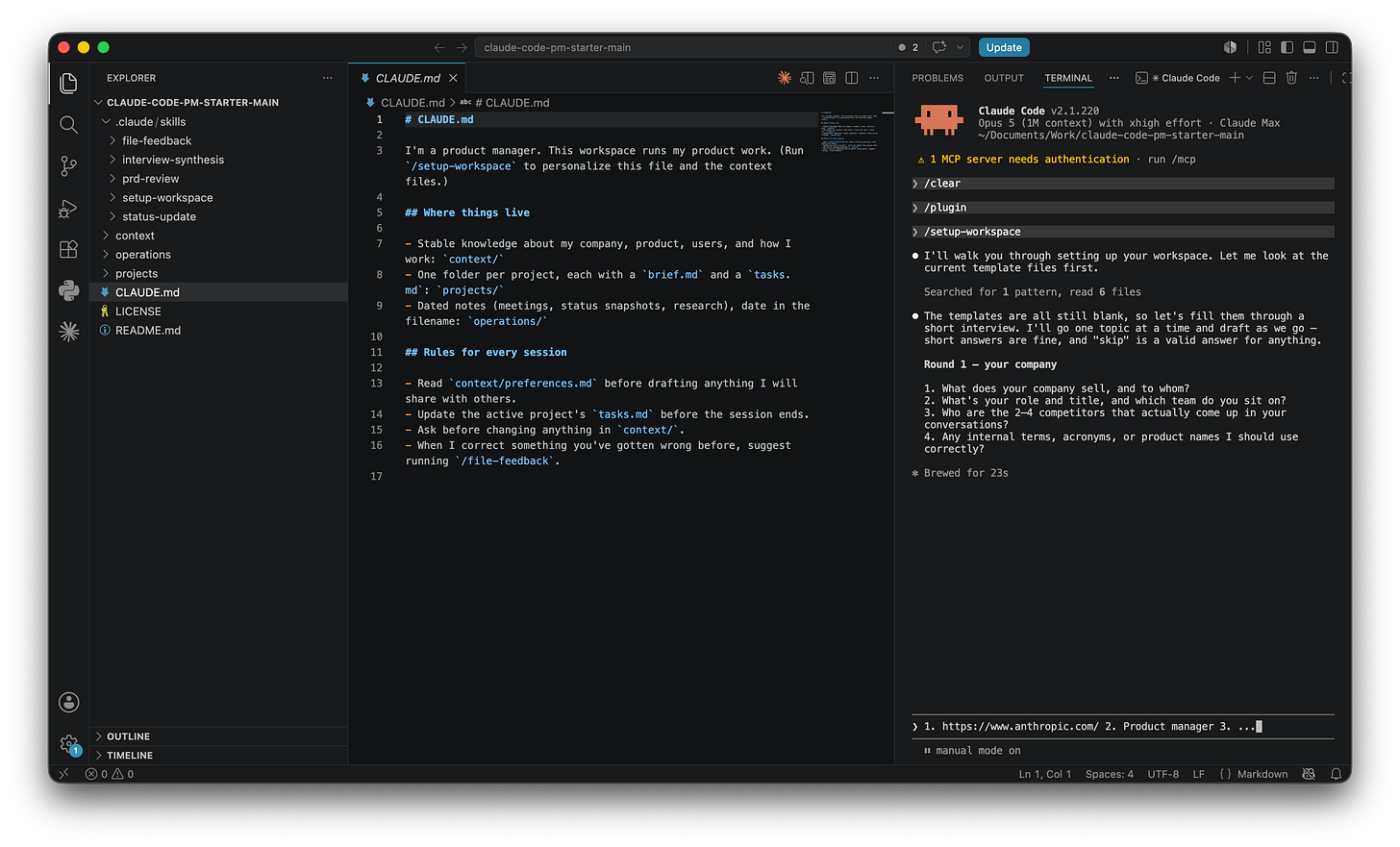 Screenshot of the setup-workspace skill mid-interview in Claude Code. The skill announces a short interview where skip is a valid answer, then asks its first round of plain-language questions about the company; the user is typing an answer that includes a pasted link. Screenshot of the setup-workspace skill mid-interview in Claude Code. The skill announces a short interview where skip is a valid answer, then asks its first round of plain-language questions about the company; the user is typing an answer that includes a pasted link.