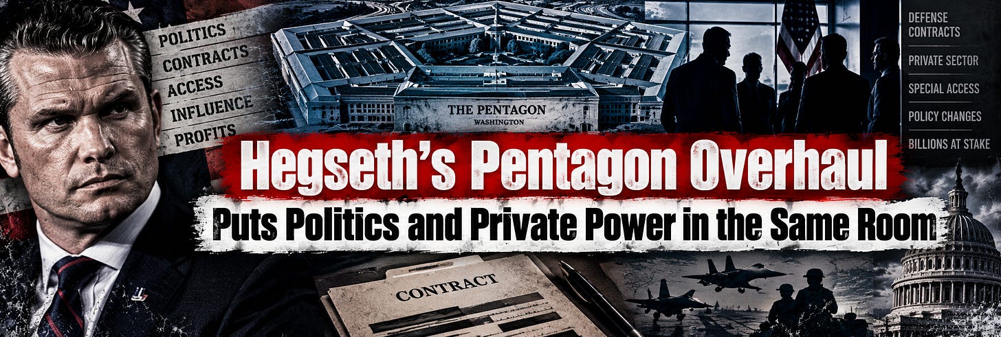 Hegseth’s Pentagon Overhaul Puts Politics and Private Power in the Same Room. Hegseth’s Pentagon Overhaul Puts Politics and Private Power in the Same Room.