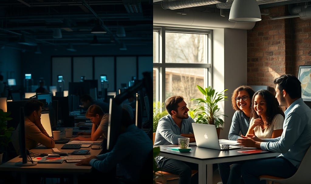A split-screen image contrasting two work environments. On the left, a dimly lit open-plan office at night shows several people working alone at desks illuminated only by computer screens, conveying isolation and exhaustion. On the right, a brightly lit room with large windows and natural light features a diverse group of four smiling colleagues collaborating around a table with laptops and plants, suggesting energy, connection, and balance. This is the hidden cost of hustle culture.