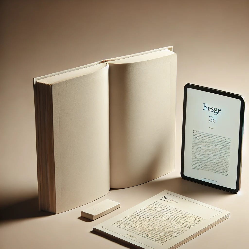 A blank open book lies on a neutral surface beside a softly glowing tablet and a handwritten note with a few scribbled lines. The objects suggest a book in nontraditional form—unfinished but complete in its presence.