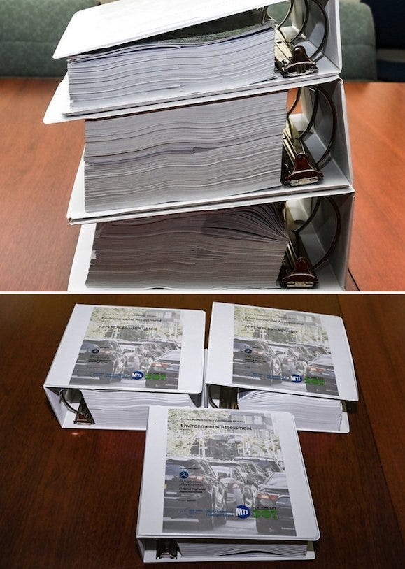 The EIS for NY state congestion pricing ran 4,007 pages and took 3 years to produce. The EIS for NY state congestion pricing ran 4,007 pages and took 3 years to produce.