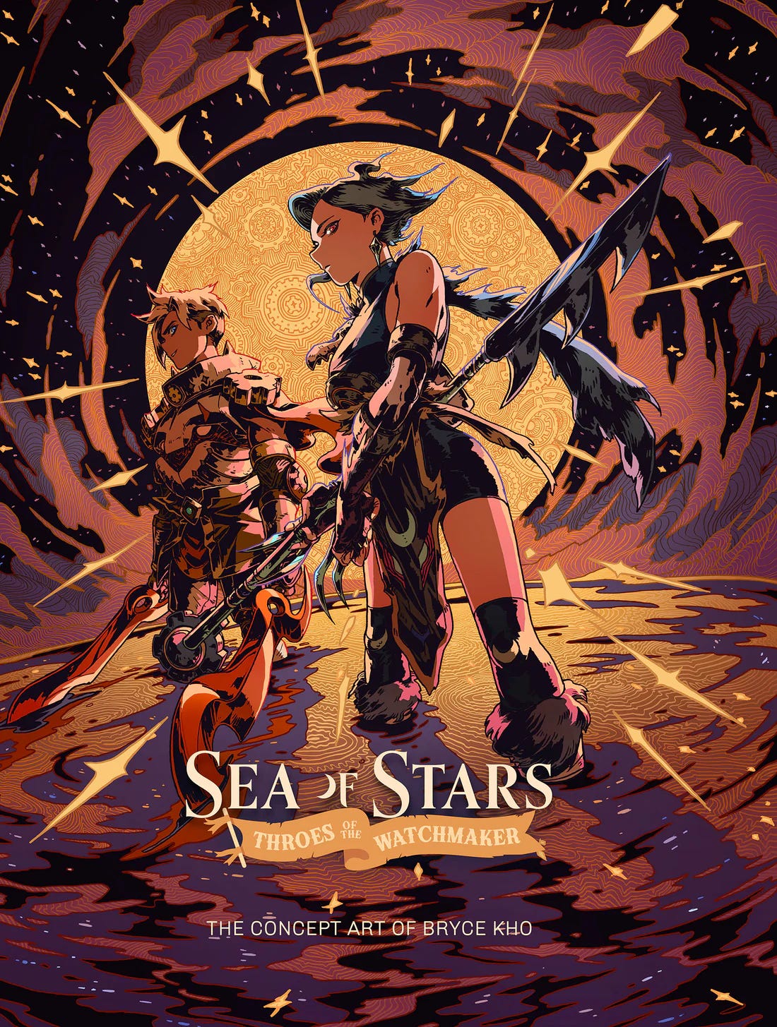 Illustrated cover for Sea of Stars: Throes of the Watchmaker – The Concept Art of Bryce Kho, featuring two stylized characters standing heroically in front of a glowing, ornate golden moon. The character on the left wields a curved, fiery blade, while the one on the right holds a double-bladed spear, with windswept hair and flowing garments. Swirling cosmic patterns and jagged stars surround them, creating a vibrant and fantastical atmosphere.
