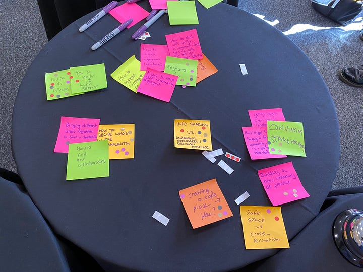A table with post it notes describing concerns like engagement with people standing looking