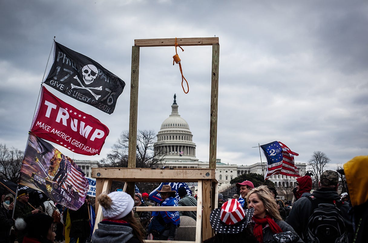 A noose hangs from makeshift gallows