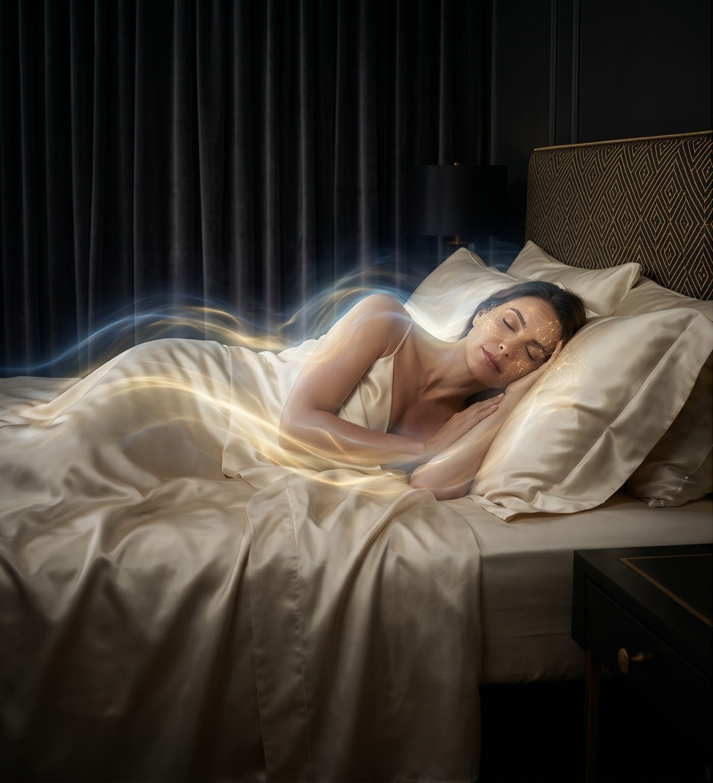 A luxury photograph of a beautiful woman sleeping peacefully on silk sheets in a dark bedroom, surrounded by subtle glowing golden and blue energy waves that symbolize cellular repair and biorythm optimization.
