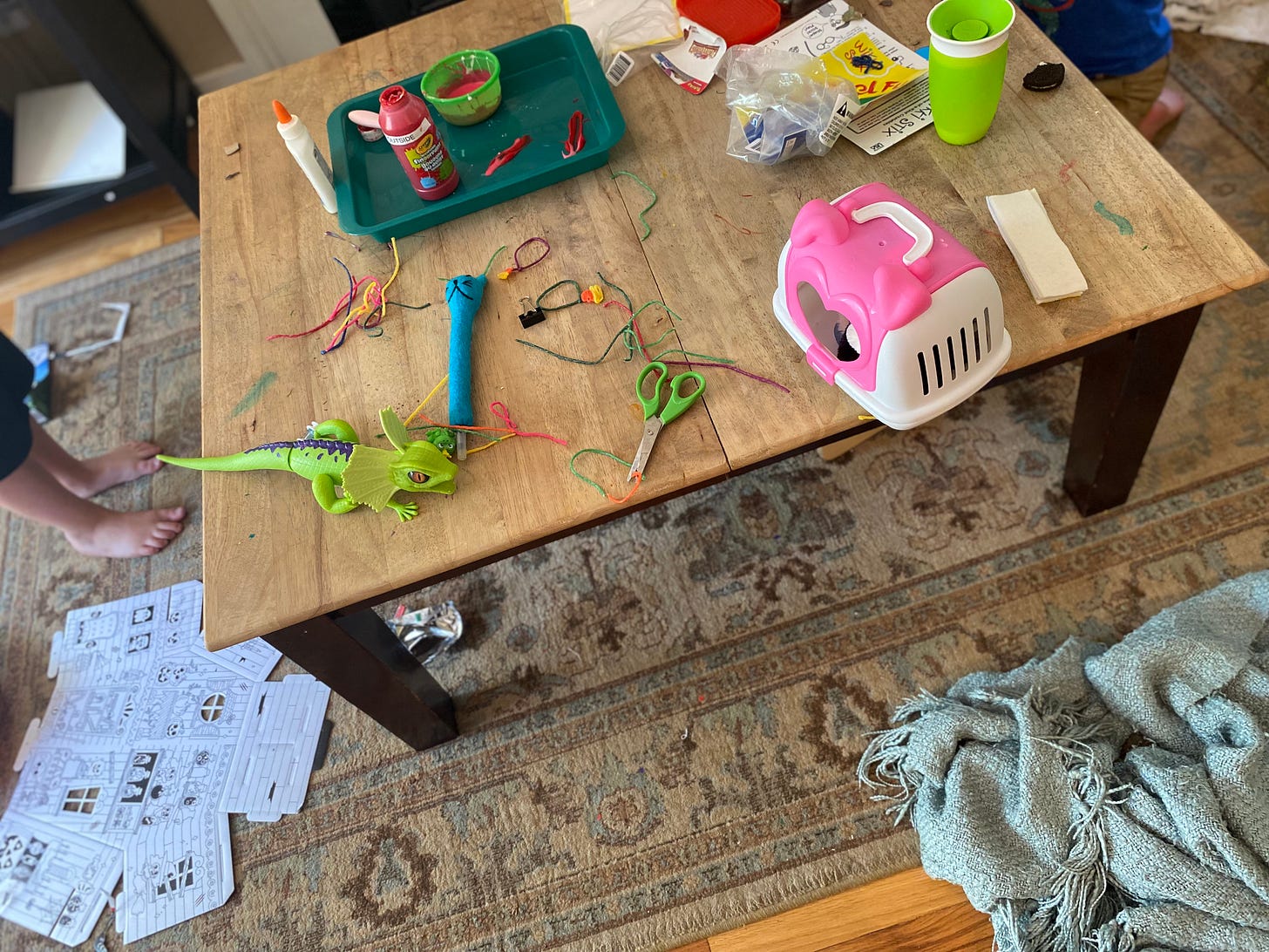 toys, art supplies on table