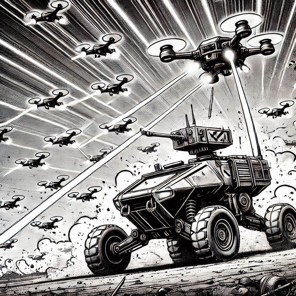 Create a black and white sci-fi comic book style image where a swarm of small drones is targeted from the ground by autonomous armored vehicles carrying high-beam laser launchers.
