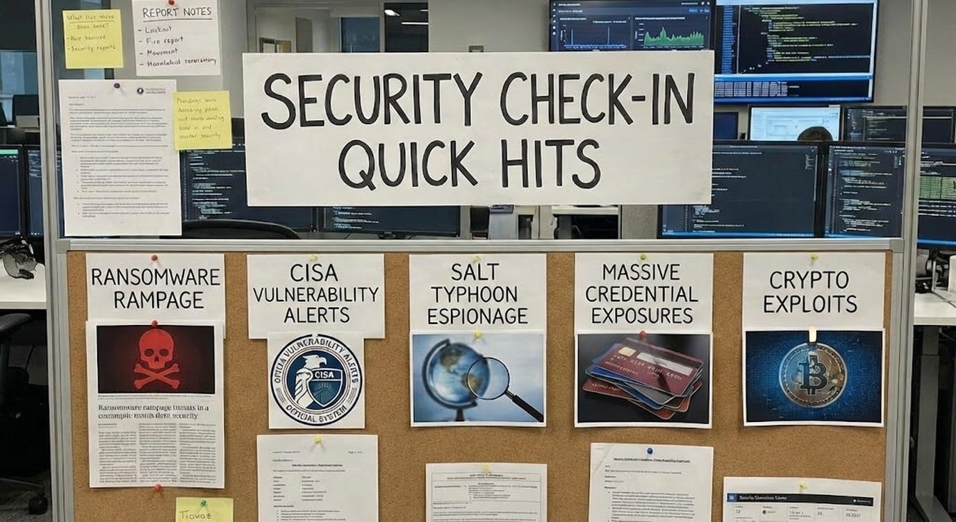 Security Check-in Quick Hits: Ransomware Rampage, CISA Vulnerability Alerts,  Salt Typhoon Espionage, Massive Credential Exposures, and Crypto Exploits