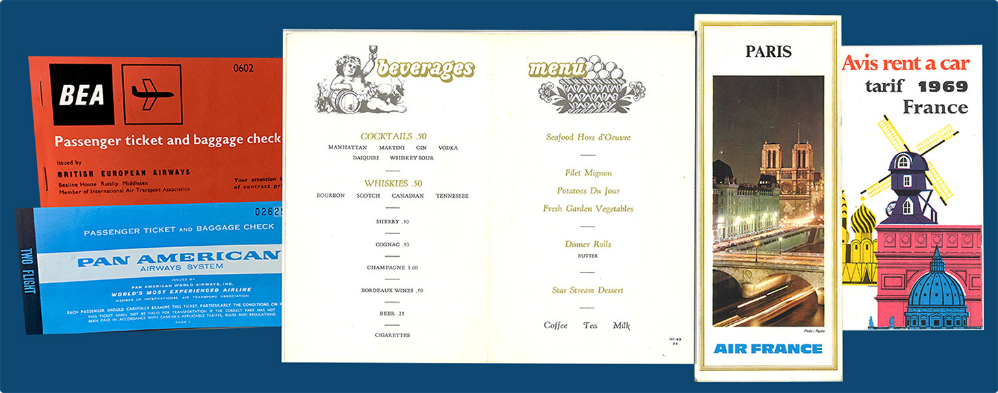 Various mementos from the trip: pamphlets, airline tickets, and a TWA menu