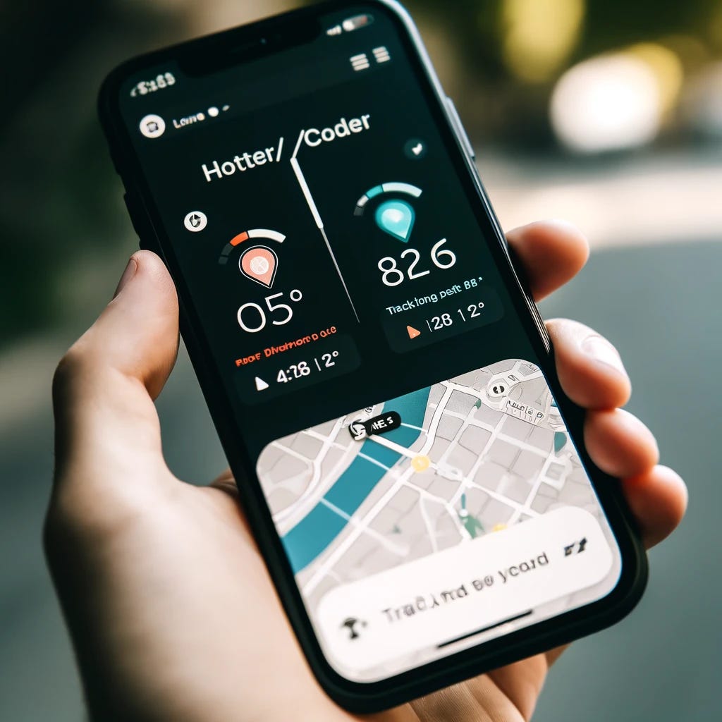 A close up of the Hotter/ /Coder app. The app is generic. It has a map and two dials.