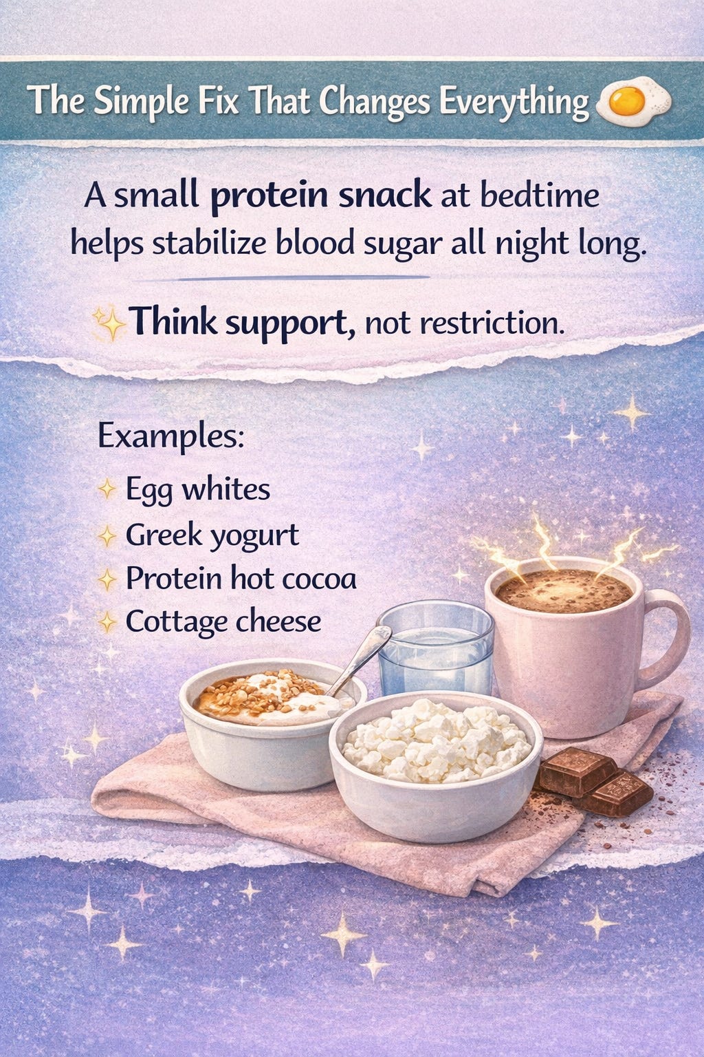 An illustration promoting bedtime protein snacks with options like egg whites, Greek yogurt, protein hot cocoa, and cottage cheese, emphasizing support for blood sugar stabilization.