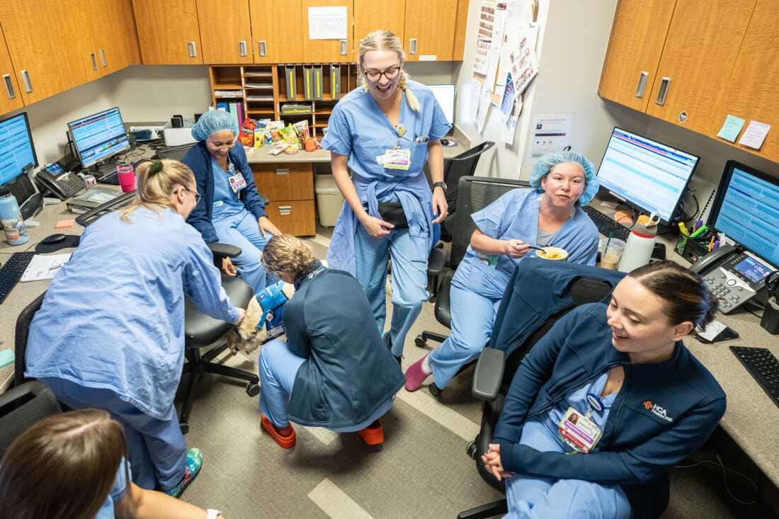 Nurses on a break crowd around to pet Peppi, a Canine Companion dog, in November at Denver’s HCA HealthONE Rose medical center.
