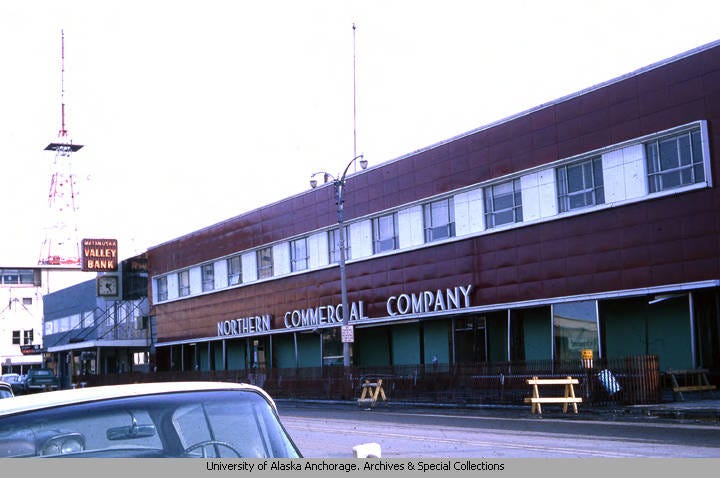 A damaged Northern Commercial building following the 1964 Great Alaska Earthquake.