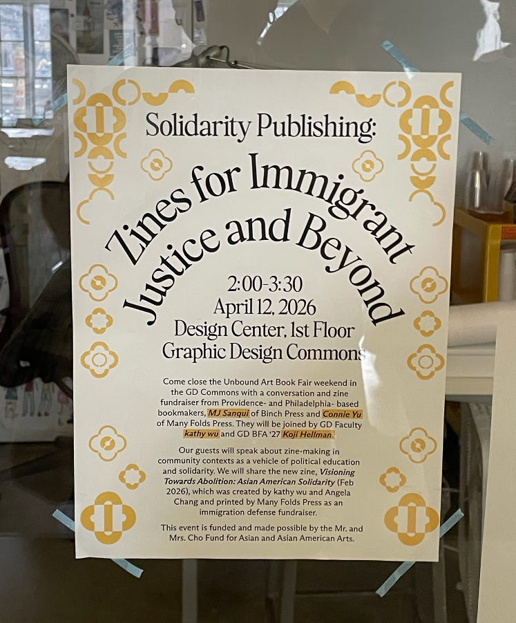 poster for the event, curved serif typography on white background with yellow geometric shapes, reads "Zines for Immigrant Justice and Beyond" poster for the event, curved serif typography on white background with yellow geometric shapes, reads "Zines for Immigrant Justice and Beyond"