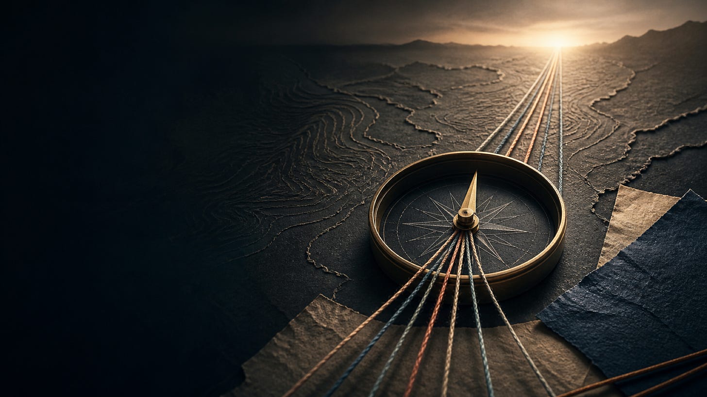 A team’s purpose statement is shown as a compass for decisions, alongside an evidence check.
