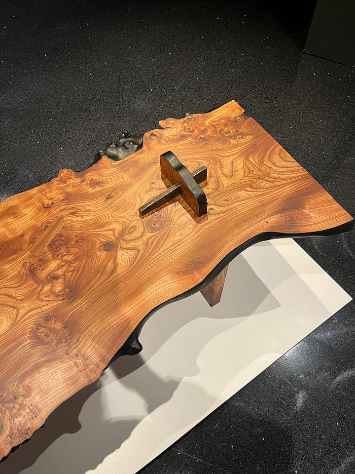 1. Joss Stoddart -- Scottish elm coffee table; 2. Sam Chatto -- stoneware-porcelain vessel.