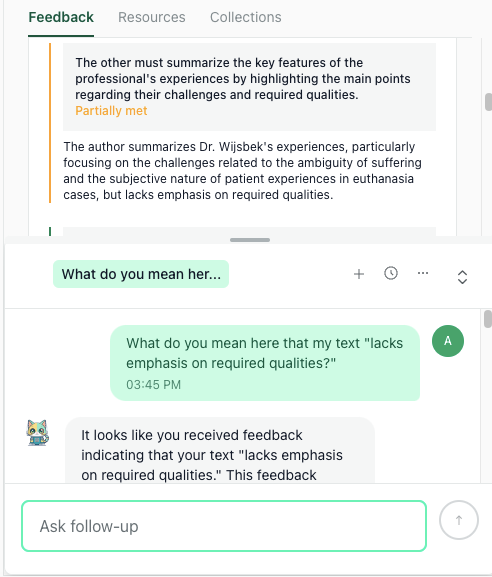 user message in chat asking, “What do you mean that my text lacks emphasis on required qualities?” user message in chat asking, “What do you mean that my text lacks emphasis on required qualities?”