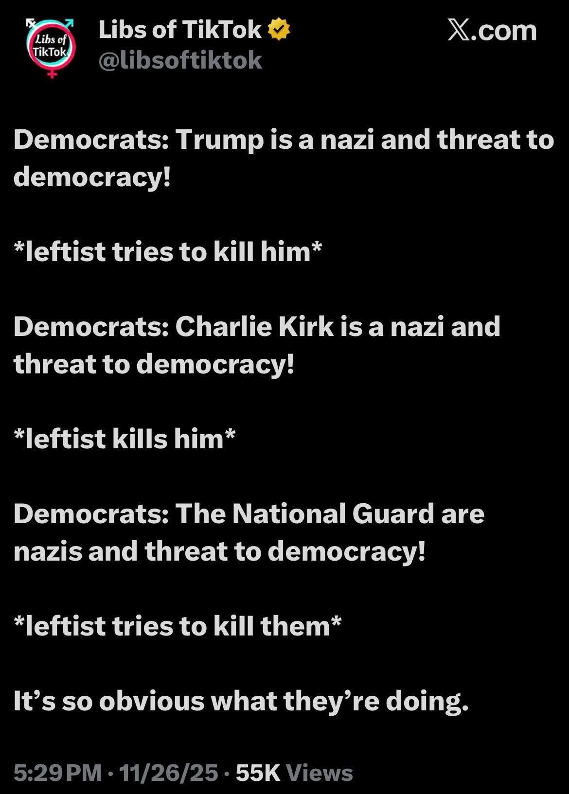 May be an image of text that says 'Libscf TikTok Libs of TikTok @libsoftiktok X.com Democrats: Trump is a nazi and threat to democracy! *leftist tries to kill him* Democrats: Charlie Kirk is a nazi and threat to democracy! *leftist kills him* Democrats: The National Guard are nazis and threat to democracy! *leftist tries to kill them* It's so obvious what they're re doing. 5:29PM 11/26/25 55K Views'