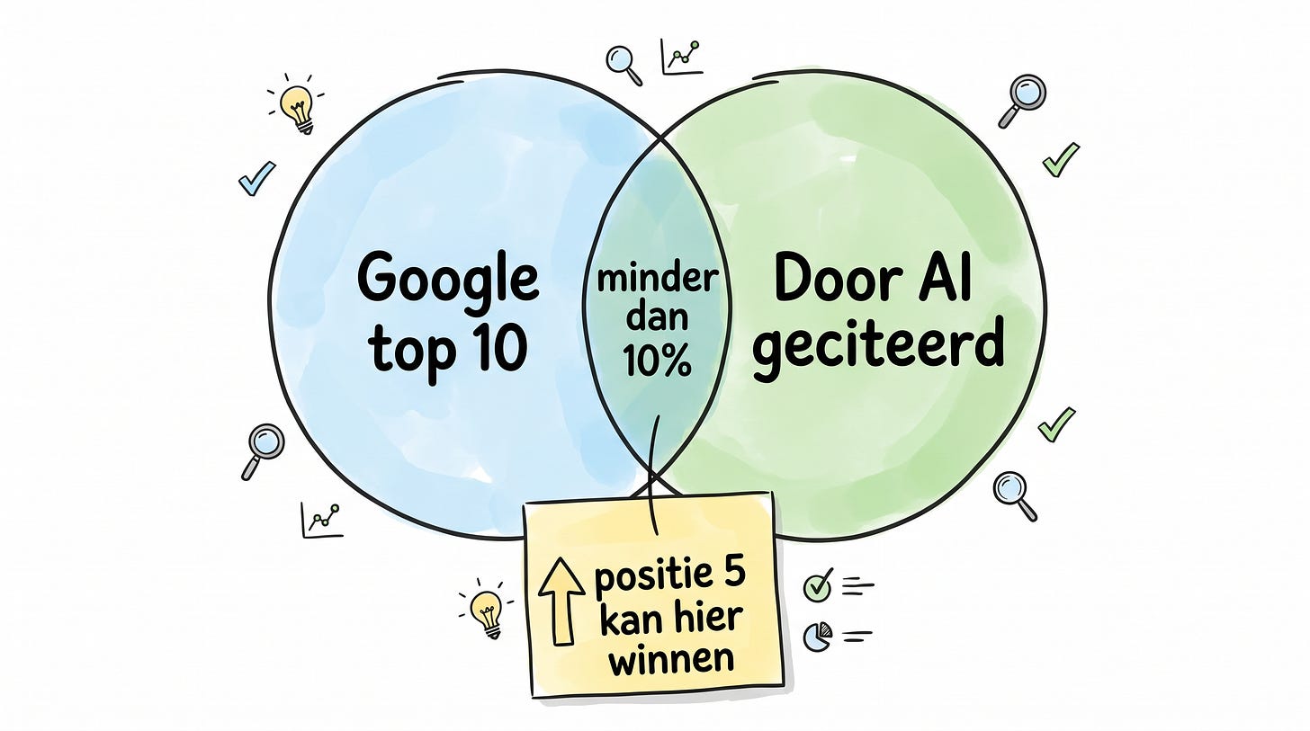 Google's top en de AI-citaties overlappen maar voor een klein deel Google's top en de AI-citaties overlappen maar voor een klein deel