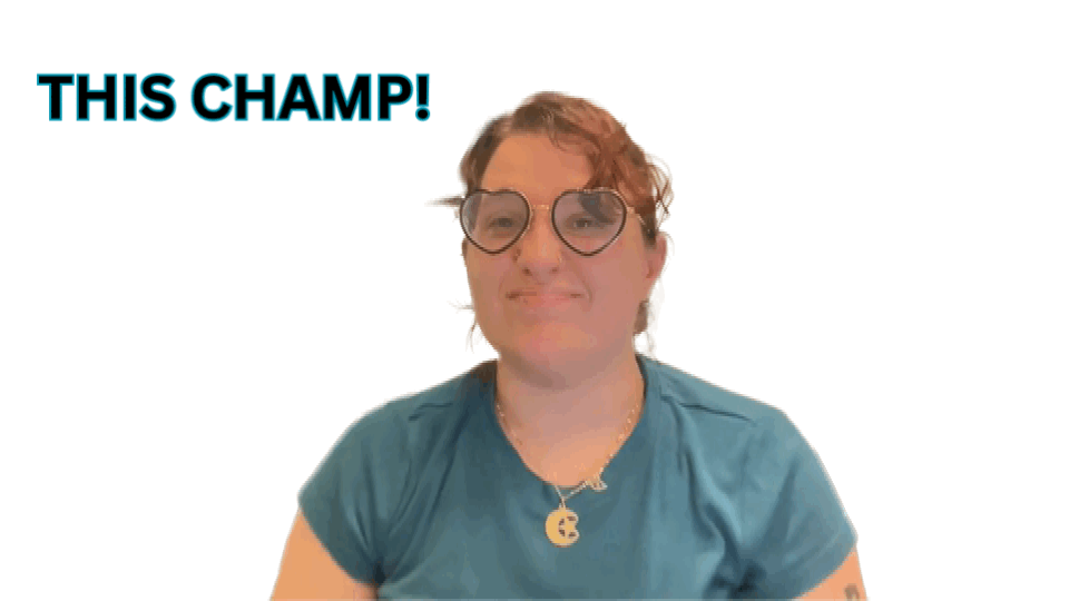 An animated GIF of Carolyn signing 'This Champ!' in American Sign Language. An animated GIF of Carolyn signing 'This Champ!' in American Sign Language.