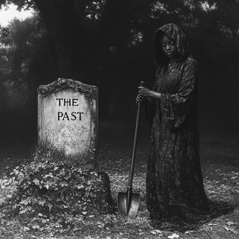 Woman in a hooded robe, holding a shovel next to a grave. The headstone reads "the past". Created by author on Midjourney.