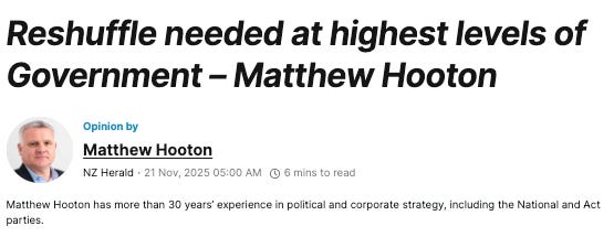 Headline: "Reshuffle needed at highest levels of Government – Matthew Hooton." Headline: "Reshuffle needed at highest levels of Government – Matthew Hooton."