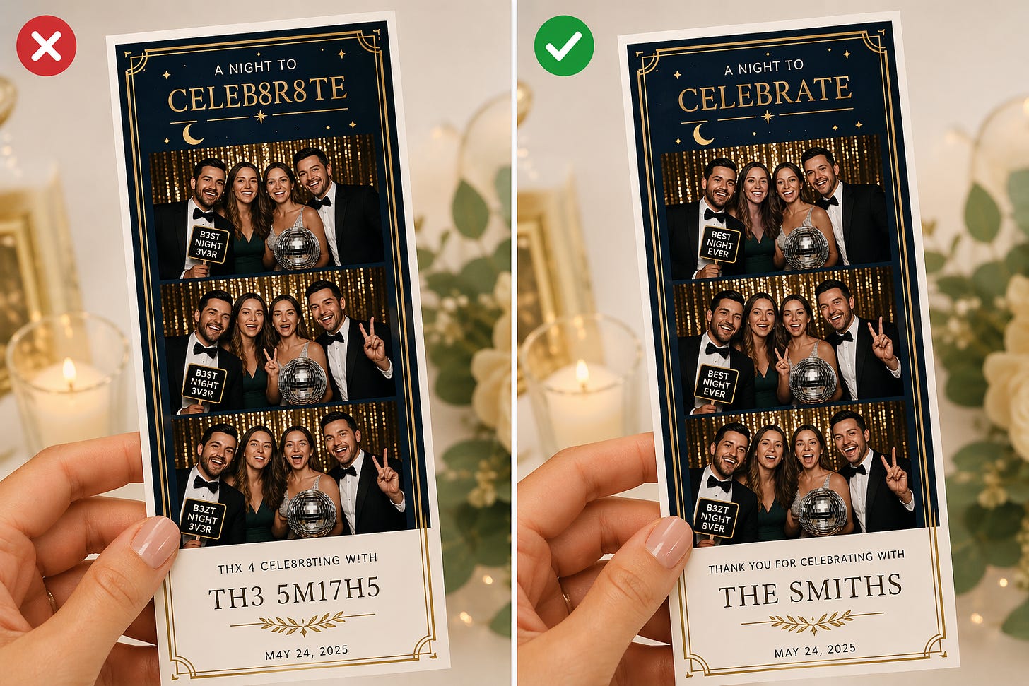 Before and after comparison of AI-generated photo booth print output — garbled text on the left versus accurate name rendering with ChatGPT Images 2.0 on the right