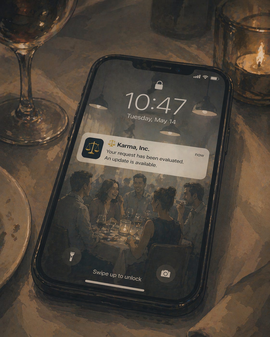Painterly illustration of a smartphone on a candlelit restaurant table displaying a Karma, Inc. notification, with a softly blurred group of people dining and talking in the background.
