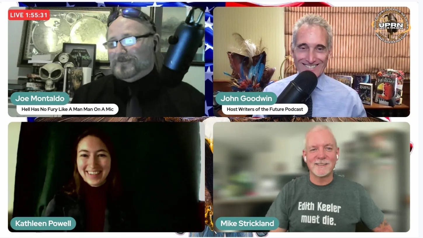 Screenshot of online video interview screen with four participant grids and their names listed: Joe Montaldo, John Goodwin, Kathleen Powell, and Mike Strickland