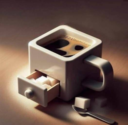 A white square ceramic mug filled with dark coffee sits on a warm lit surface, with a small wooden drawer extending from its base containing white sugar cubes, and a metal spoon resting beside it.
