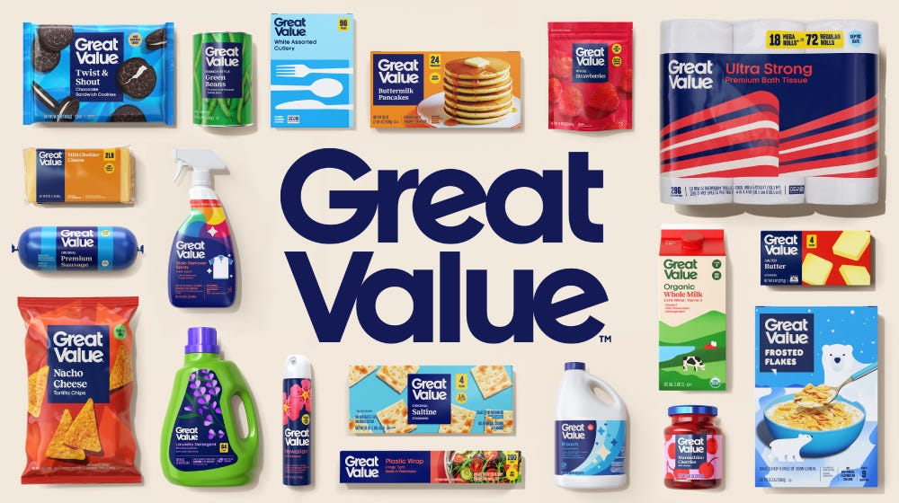 A variety of Great Value branded grocery and household products are arranged around a large central logo. The assortment includes snacks, cleaning supplies, pantry staples, and paper goods, all in colorful packaging. 