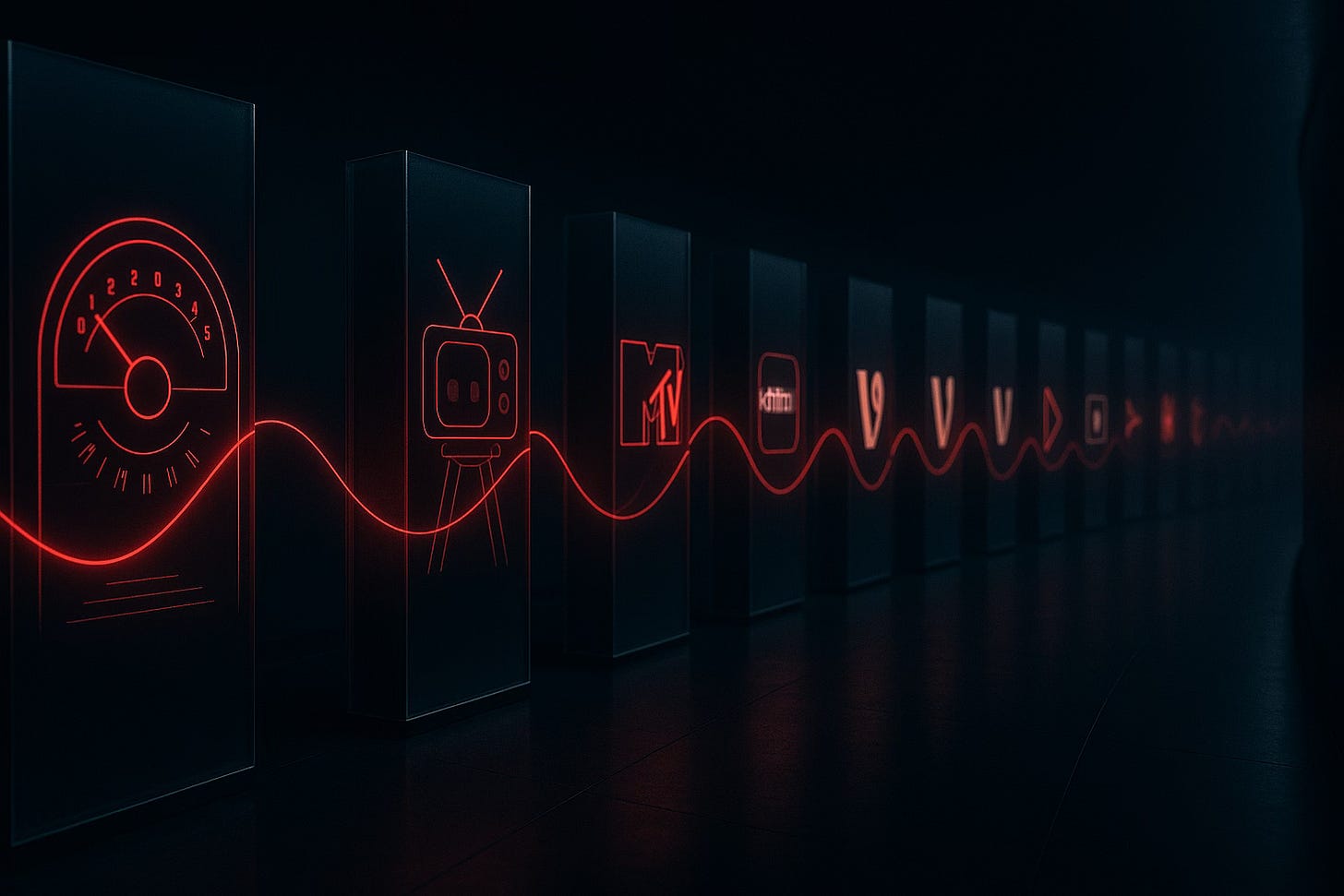 Row of glowing red media-era icons connected by a single attention signal line. Row of glowing red media-era icons connected by a single attention signal line.