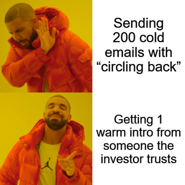 Drake meme comparing cold email outreach vs warm investor introduction for startup fundraising Drake meme comparing cold email outreach vs warm investor introduction for startup fundraising