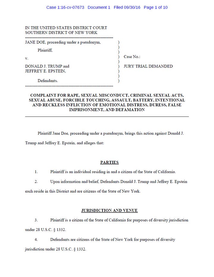 Katie Johnson/Jane Doe Court Cases — California and New York Respectively (full filings in sources section)