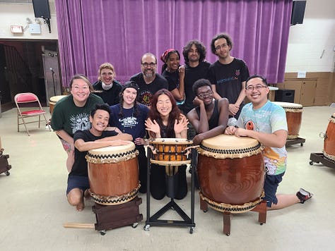 Glimpses: 1. HET + Searchlights BTS. 2. MBT Chicago bon odori. 3. HET at a post- Ginza fest break. 4. At Ginza festival with Masahiro Kawakami (tenugui craftsman). 5. kaDON krew. 6. Tawoo Taiko workshop in Chicago! 7. Teaching the awesome Teien no Taiko group of Rockford, IL. 8. Kaoly and Eri's kaDON intensive! 9. kaDON fam! 