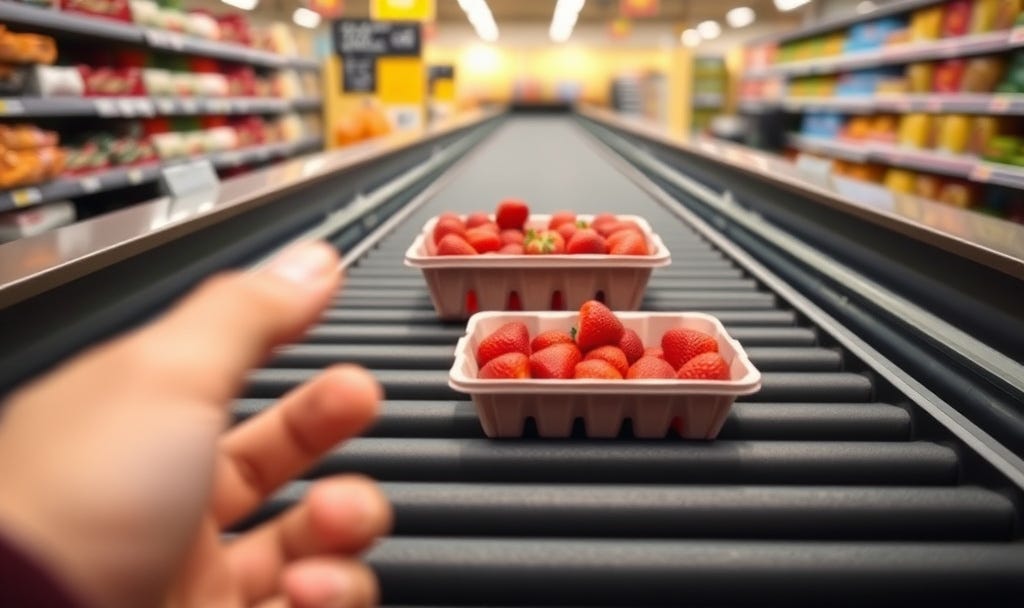 A nervous hand hovers over a grocery conveyor belt, frozen mid-reach, unable to decide whether to place the second carton of strawberries — the universal moment of overthinking the smallest social risk. A nervous hand hovers over a grocery conveyor belt, frozen mid-reach, unable to decide whether to place the second carton of strawberries — the universal moment of overthinking the smallest social risk.