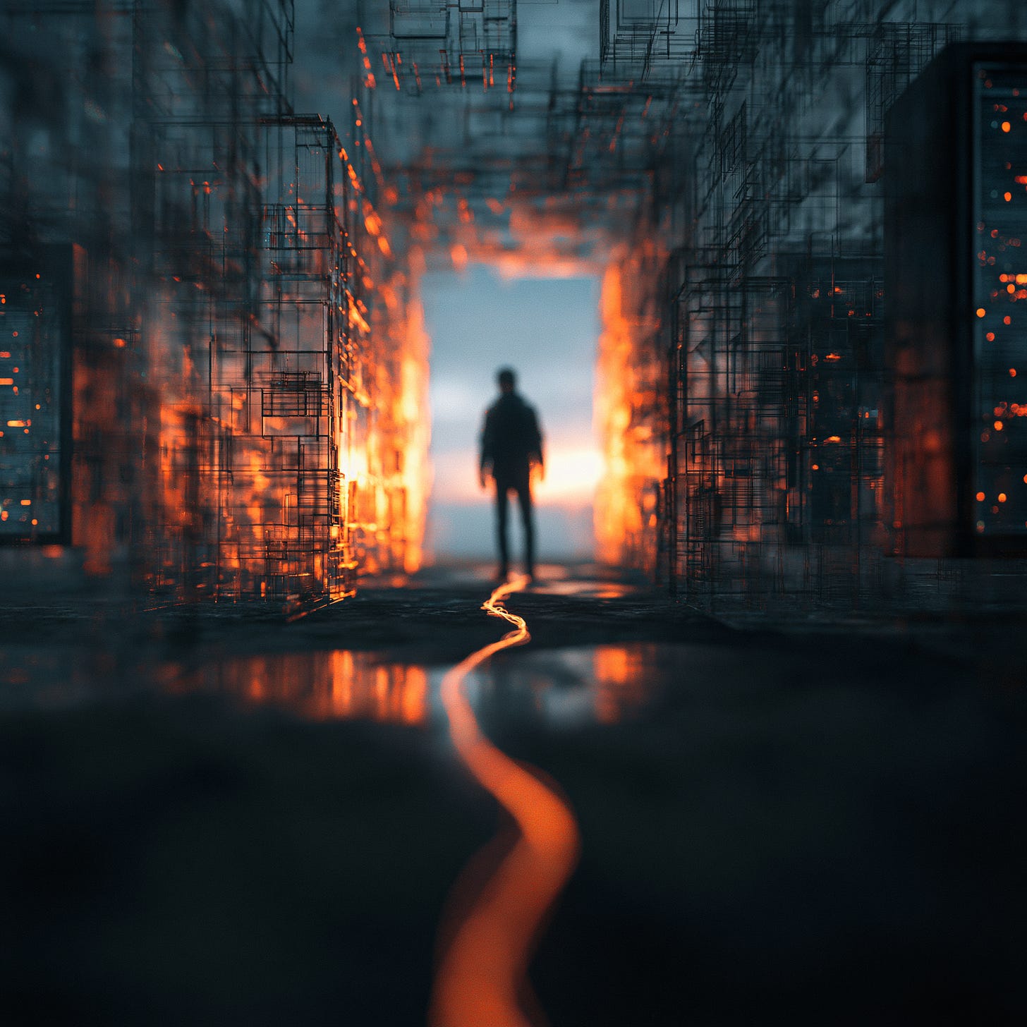 A glowing thread leads back through machinery to a human figure at the entrance