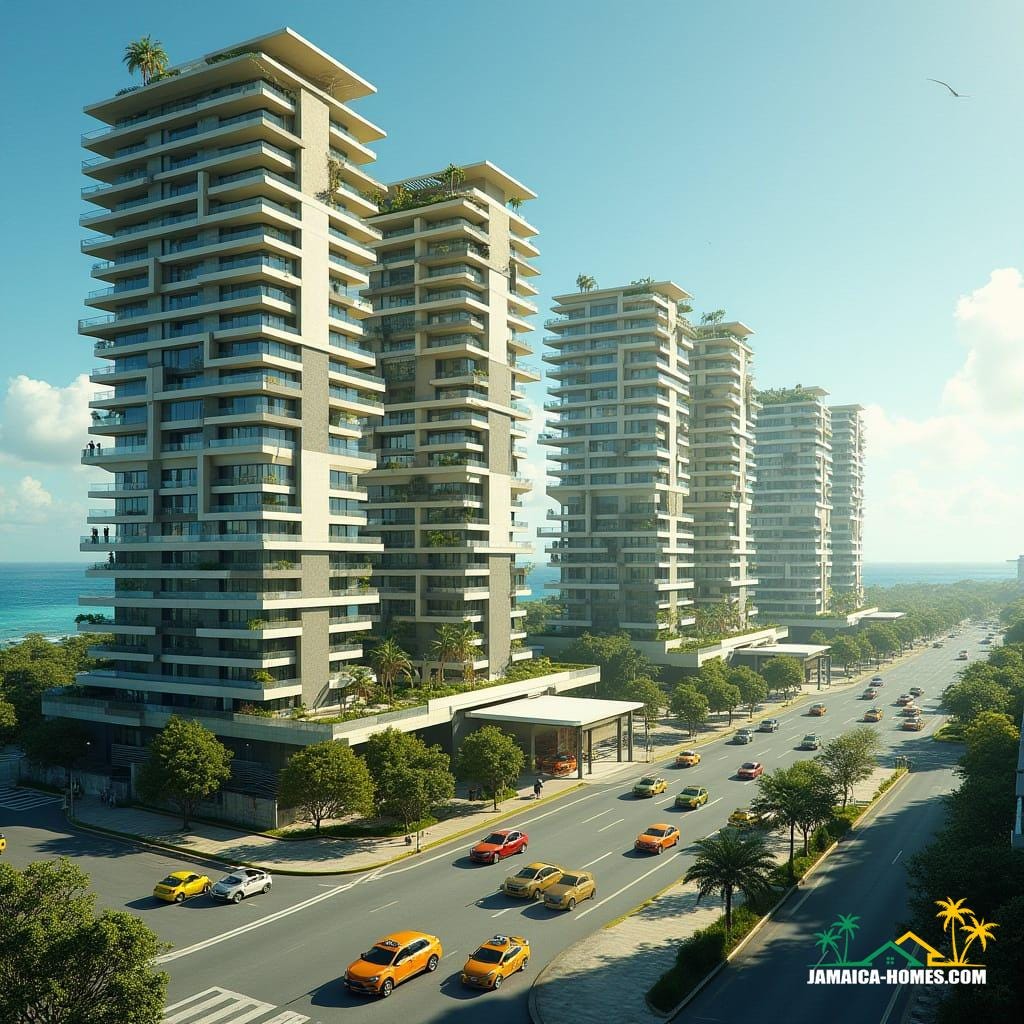 Montego Bay, imagined in 2050: a multi-tower complex pushing the limits of vertical and horizontal living, sky parks and rooftop petrol stations, solar and wind tech integrated into facades