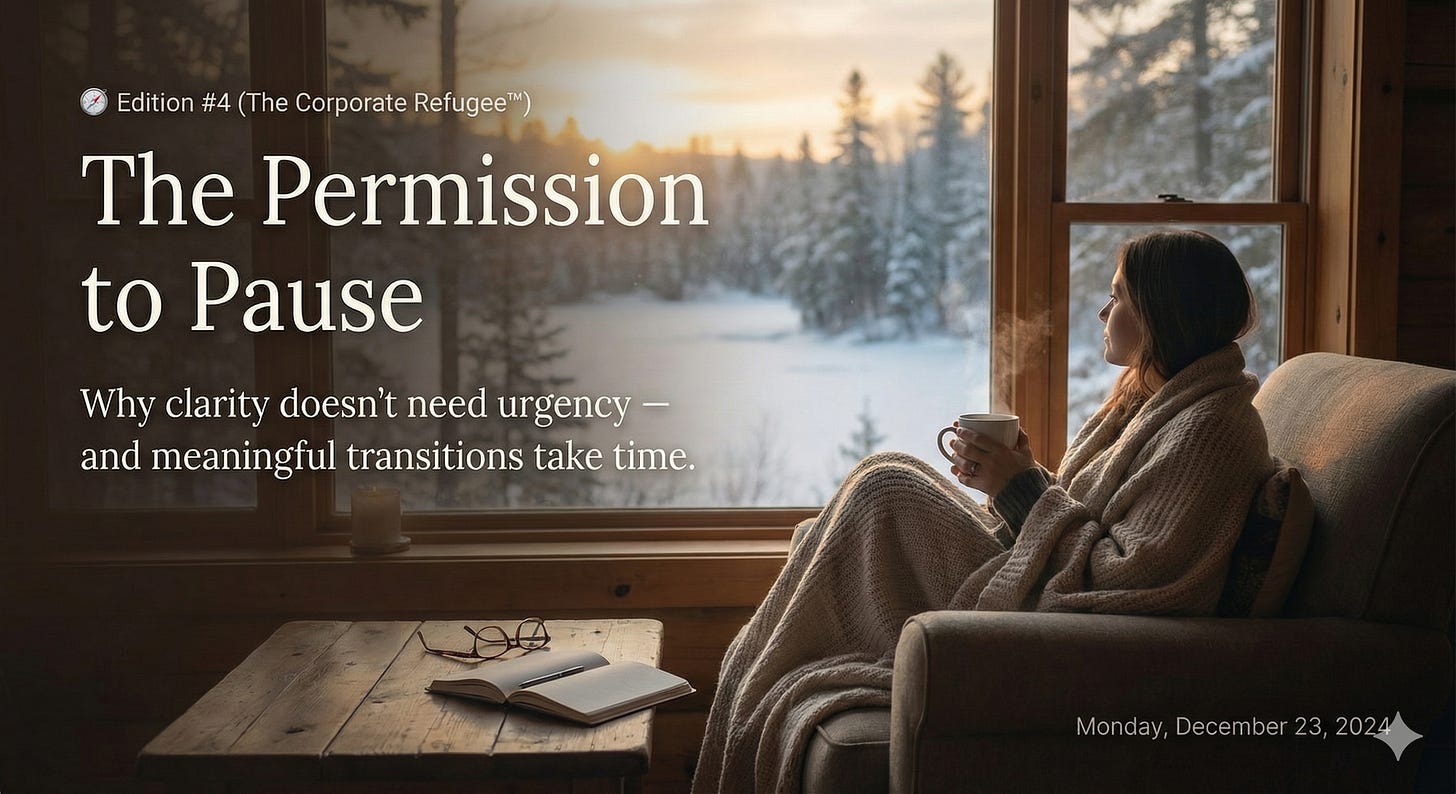 A contemplative cover image for 'The Corporate Refugee' newsletter, Edition #4. The main title text reads: "The Permission to Pause," with the subtitle "Why clarity doesn’t need urgency — and meaningful transitions take time." The date "Monday, December 23, 2024" is at the bottom right. Visually, a woman wrapped in a thick blanket sits in a cabin armchair by a large window, holding a steaming mug and gazing out at a snowy forest and frozen lake during a golden sunrise. The mood is peaceful and reflective.