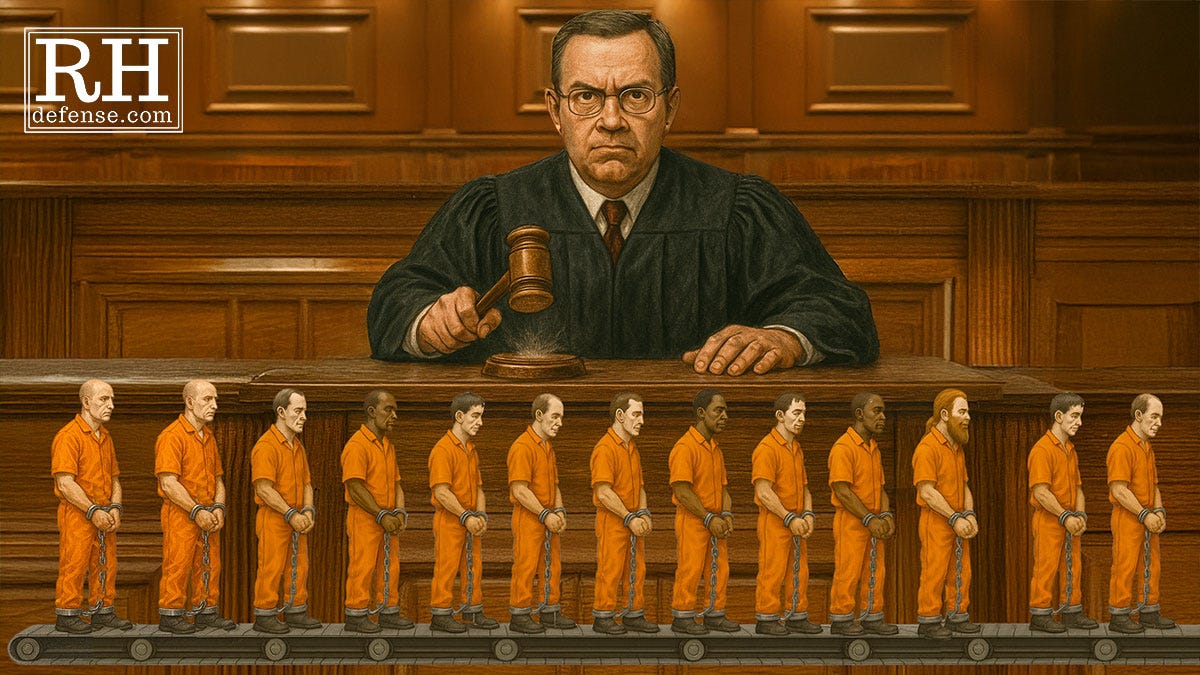 Illustration of a judge seated at a bench while a line of people in orange jail uniforms move past below on a conveyor belt, hands cuffed, facing forward.