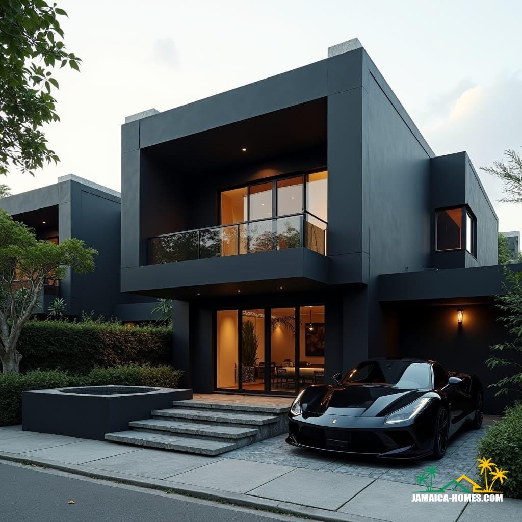 Modern Jamaican townhouse in Kingston, matte black, bold geometric forms, recessed windows, flat roof, protruding entrances, rooftop lounge and spa, geometric landscaping, luxury black supercar, cinematic film still, 35mm film grain, vignette, color graded, cinematic lighting, futuristic urban elegance, inspired by Syd Mead, Antoni Gaudí, and Zaha Hadid's sleek architecture, dramatic contrasts, atmospheric.

